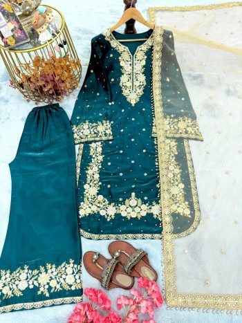 DESIGNER SEQUENCE AND ZARI EMBROIDERY WITH PEARL AND DIAMOND HANDWORK TOP PALAZZO WITH DUPATTA GREEN