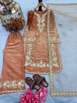 DESIGNER SEQUENCE AND ZARI EMBROIDERY WITH PEARL AND DIAMOND HANDWORK TOP PALAZZO WITH DUPATTA  PEACH