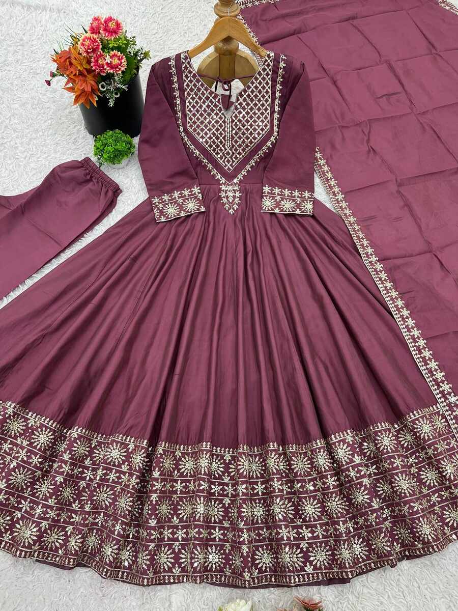 DESIGNER SHIMMER SILK EMBROIDERY WORK GOWN BOTTOM WITH DUPATTA WEDDING WEAR WHOLESALE PRICE ETHNIC GARMENT (1)