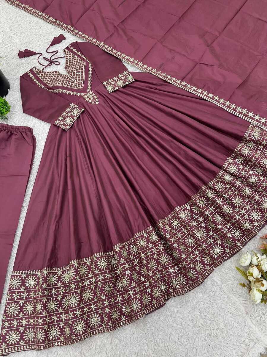 DESIGNER SHIMMER SILK EMBROIDERY WORK GOWN BOTTOM WITH DUPATTA WEDDING WEAR WHOLESALE PRICE ETHNIC GARMENT (14)