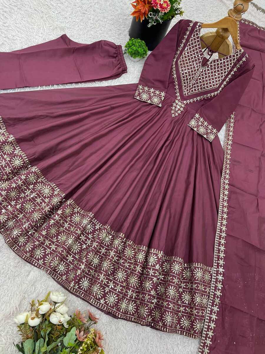 DESIGNER SHIMMER SILK EMBROIDERY WORK GOWN BOTTOM WITH DUPATTA WEDDING WEAR WHOLESALE PRICE ETHNIC GARMENT (16)
