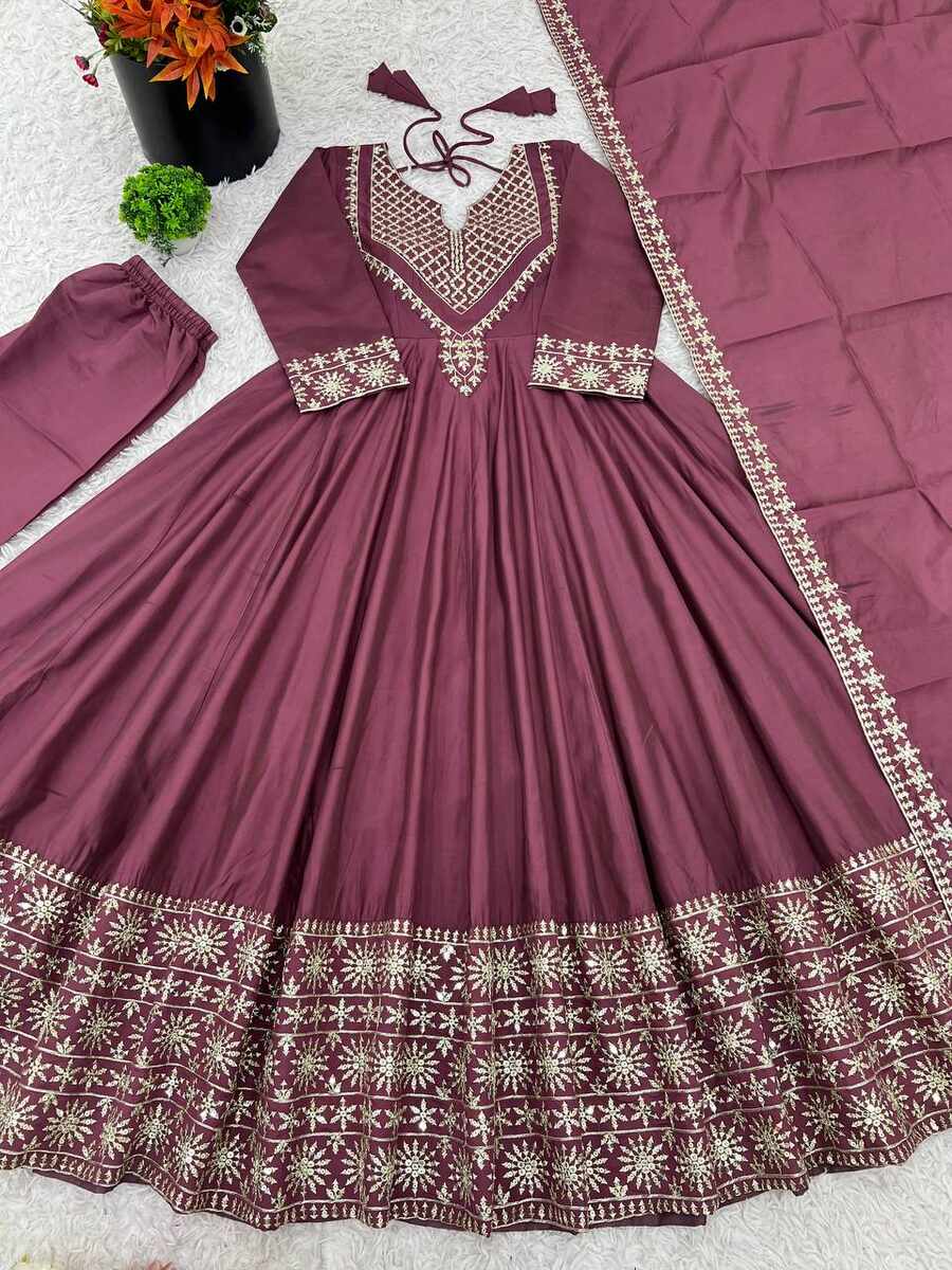 DESIGNER SHIMMER SILK EMBROIDERY WORK GOWN BOTTOM WITH DUPATTA WEDDING WEAR WHOLESALE PRICE ETHNIC GARMENT (17)