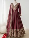 DESIGNER SHIMMER SILK EMBROIDERY WORK GOWN BOTTOM WITH DUPATTA WINE