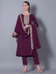 DESIGNER SILK BLEND EMBROIDERY WORK TOP BOTTOM WITH DUPATTA WINE