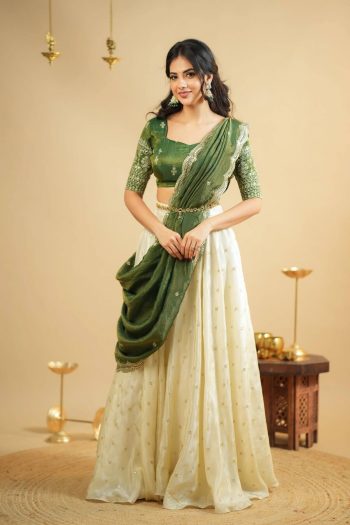 DESIGNER SILK SEQUENCE & ZARI WORK LEHENGA CHOLI WITH DUPATTA GREEN