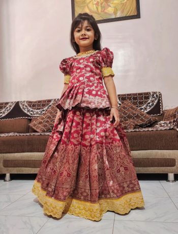 DESIGNER SILK WEAVING WITH EMBROIDERY CUTWORK BORDER WORK KID'S TOP WITH LEHENGA RED
