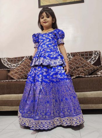 DESIGNER SILK WEAVING WITH EMBROIDERY CUTWORK BORDER WORK KID'S TOP WITH LEHENGA BLUE