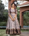 DESIGNER SOFT SILK FLORAL PRINT WITH JACQUARD BORDER WORK GOWN BROWN