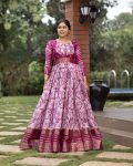 DESIGNER SOFT SILK FLORAL PRINT WITH JACQUARD BORDER WORK GOWN PINK