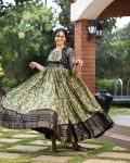 DESIGNER SOFT SILK FLORAL PRINT WITH JACQUARD BORDER WORK GOWN GREEN
