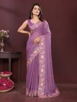 DESIGNER STAR GEORGETTE EMBROIDERY CUTWORK WORK LACE BORDER WORK SAREE WITH UNSTITCHED BLOUSE LAVENDER