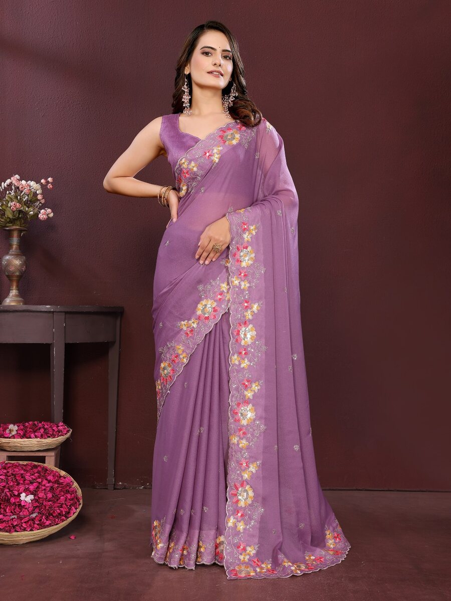 DESIGNER STAR GEORGETTE EMBROIDERY CUTWORK WORK LACE BORDER WORK SAREE WITH UNSTITCHED BLOUSE PARTY WEAR WHOLESALE PRICE ETHNIC GARMENT (16)