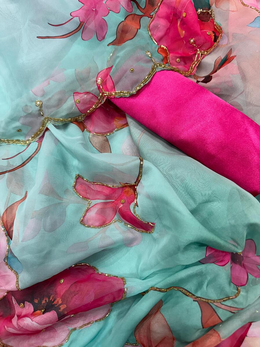 DESIGNER TABBY SILK FLORAL PRINT WITH CUTDANA AND PEARLS HANDWORK SAREE WITH UNSTITCHED BLOUSE PARTY WEAR WHOLESALE PRICE ETHNIC GARMENT (1)