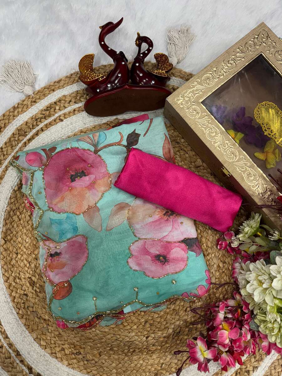 DESIGNER TABBY SILK FLORAL PRINT WITH CUTDANA AND PEARLS HANDWORK SAREE WITH UNSTITCHED BLOUSE PARTY WEAR WHOLESALE PRICE ETHNIC GARMENT (2)