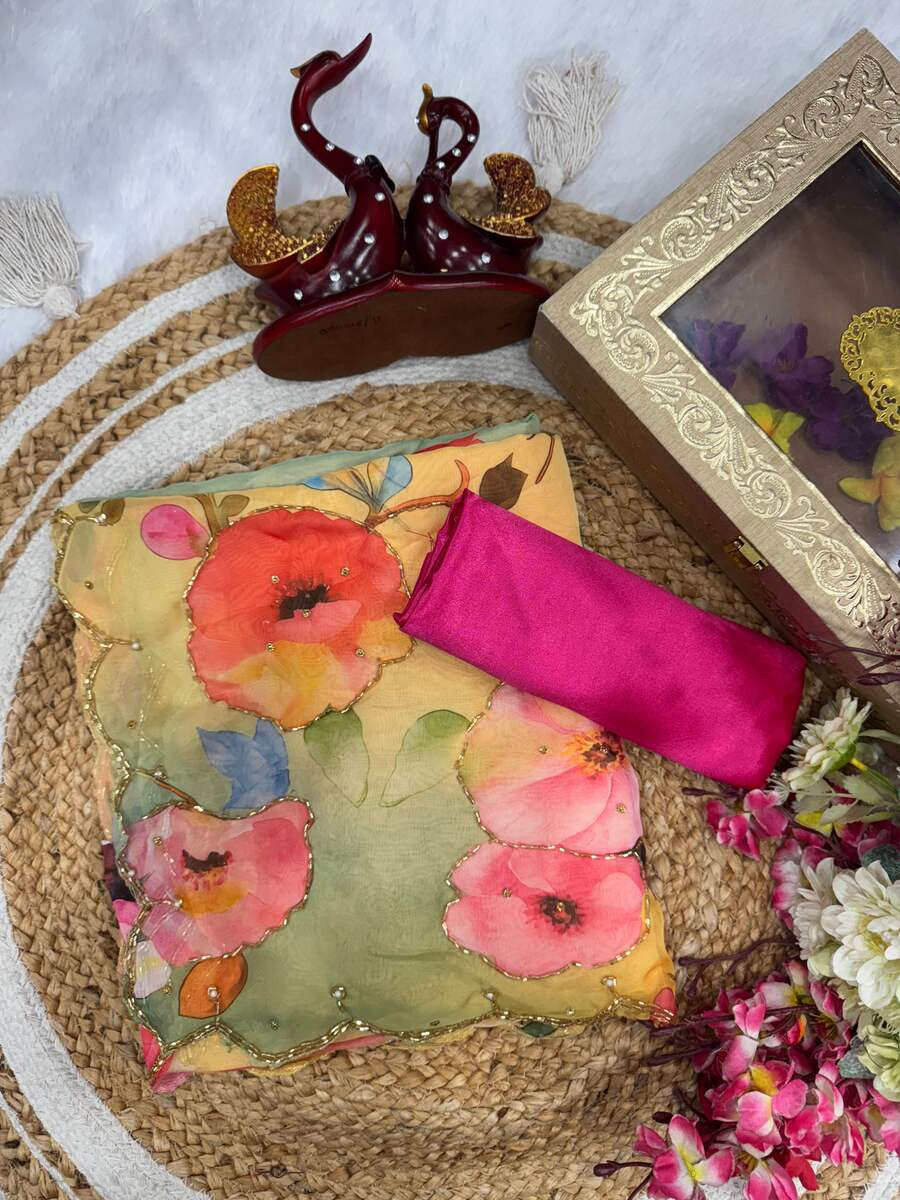 DESIGNER TABBY SILK FLORAL PRINT WITH CUTDANA AND PEARLS HANDWORK SAREE WITH UNSTITCHED BLOUSE PARTY WEAR WHOLESALE PRICE ETHNIC GARMENT (3)