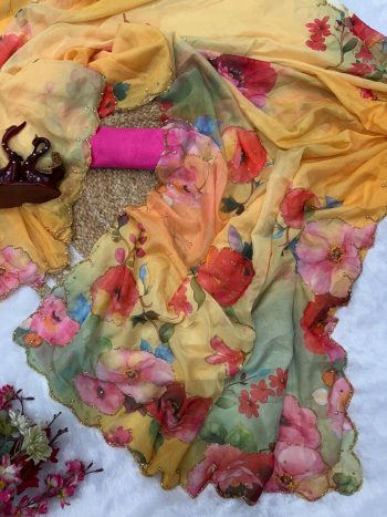 DESIGNER TABBY SILK FLORAL PRINT WITH CUTDANA AND PEARLS HANDWORK SAREE WITH UNSTITCHED BLOUSE YELLOW