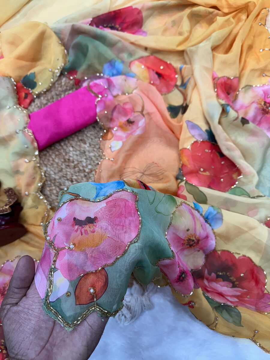 DESIGNER TABBY SILK FLORAL PRINT WITH CUTDANA AND PEARLS HANDWORK SAREE WITH UNSTITCHED BLOUSE PARTY WEAR WHOLESALE PRICE ETHNIC GARMENT (5)