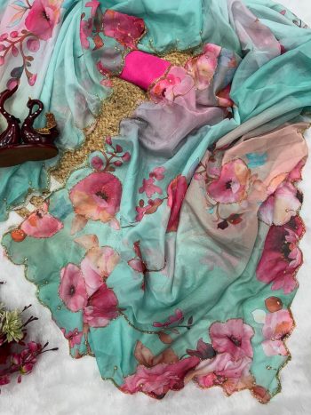 DESIGNER TABBY SILK FLORAL PRINT WITH CUTDANA AND PEARLS HANDWORK SAREE WITH UNSTITCHED BLOUSE SKY