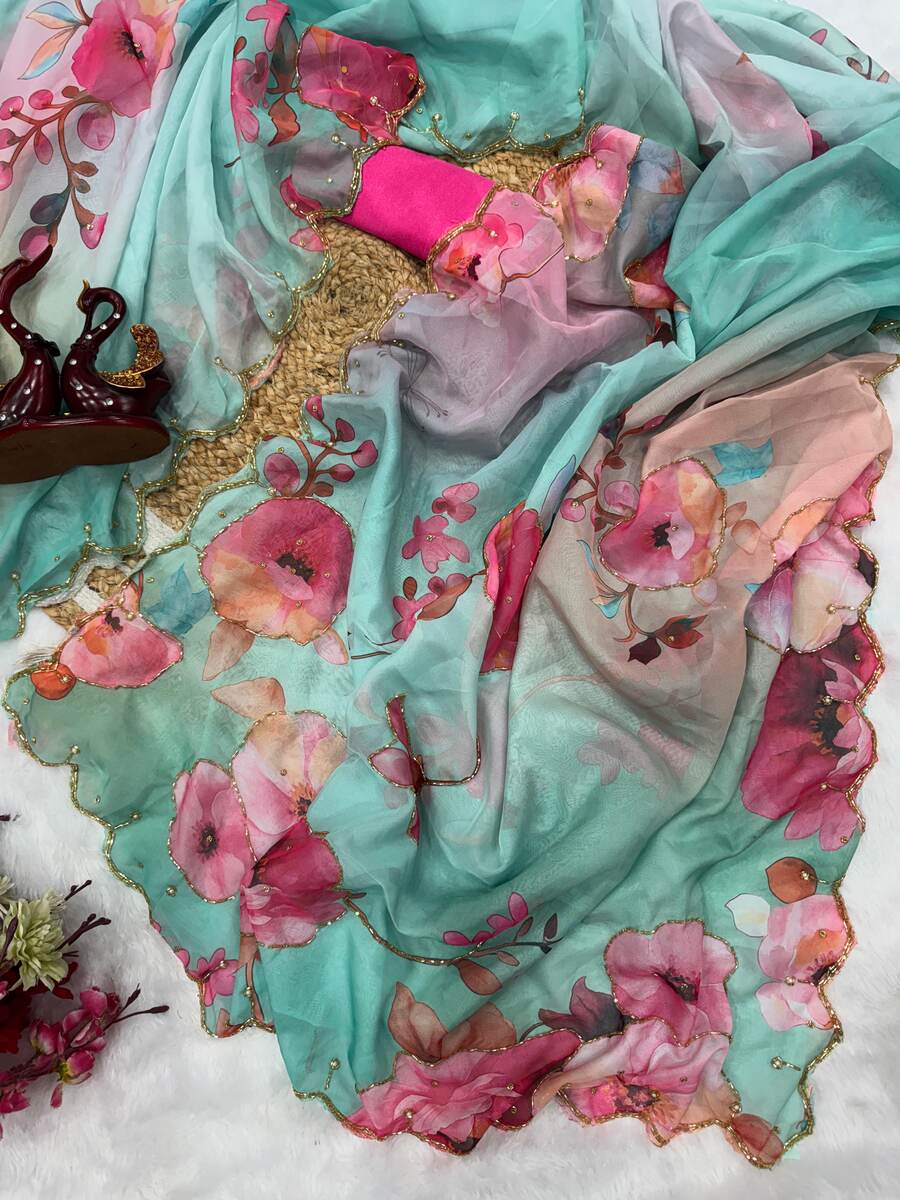 DESIGNER TABBY SILK FLORAL PRINT WITH CUTDANA AND PEARLS HANDWORK SAREE WITH UNSTITCHED BLOUSE PARTY WEAR WHOLESALE PRICE ETHNIC GARMENT (8)