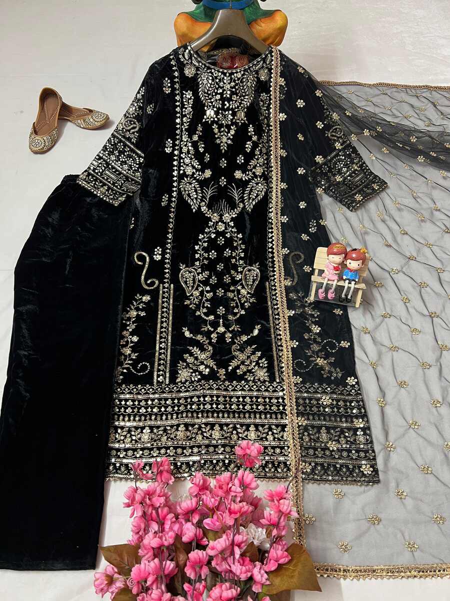 DESIGNER VELVET ZARI SEQUENCE EMBROIDERY WORK TOP BOTTOM WITH DUPATTA FESTIVE WEAR WHOLESALE PRICE ETHNIC GARMENT (1)