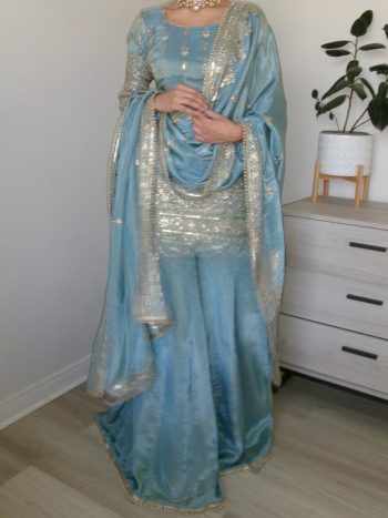 DESIGNER VICHITRA SILK EMBROIDERY SEQUENCE WORK TOP PALAZZO WITH DUPATTA SKY