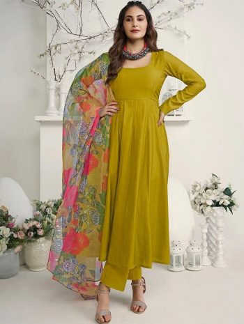 FABULOUS ROMAN PLAIN WORK ANARKALI GOWN BOTTOM WITH DIGITAL PRINTED DUPATTA YELLOW