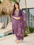 FANCY CHANDERI SEQUENCE CODING EMBROIDERY WORK TOP BOTTOM WITH DUPATTA PURPLE