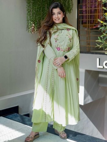 FANCY CHANDERI SILK EMBROIDERY WORK TOP BOTTOM WITH DUPATTA PISTA