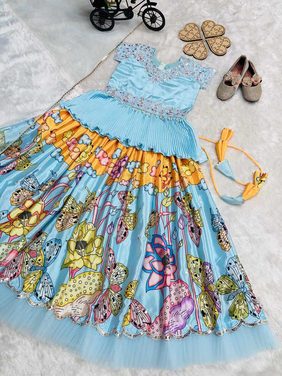 FANCY CHINON EMBROIDERY SEQUENCE WORK KID'S KEDIYA STYLE TOP LEHENGA WITH DUPATTA WEDDING WEAR WHOLESALE PRICE ETHNIC GARMENT (4)