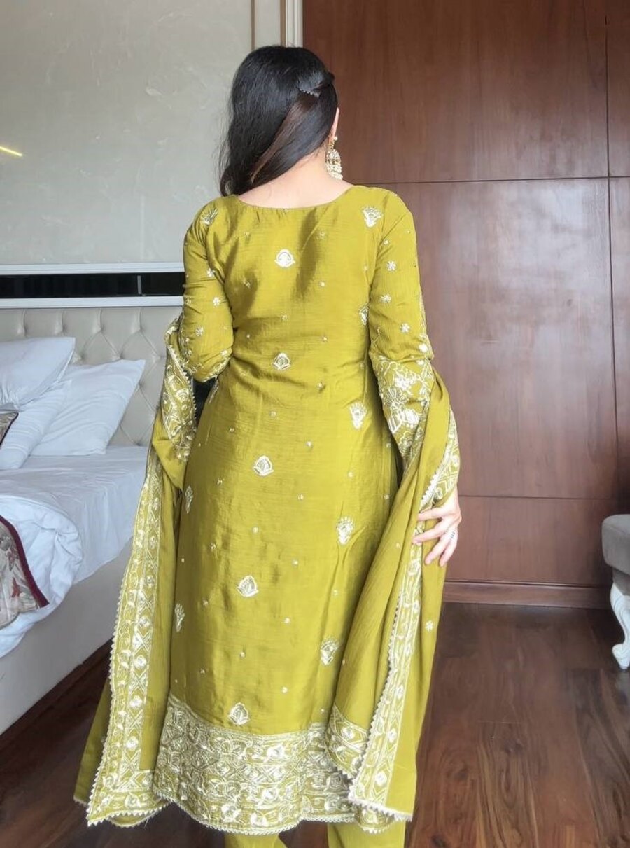 FANCY CHINON SEQUENCE EMBROIDERY WORK TOP BOTTOM WITH DUPATTA FESTIVE WEAR WHOLESALE PRICE ETHNIC GARMENT (1)