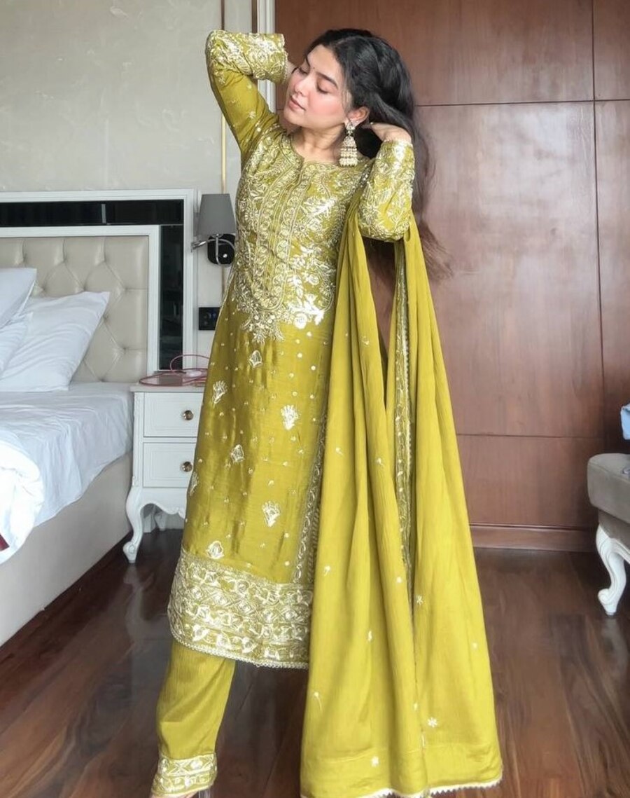 FANCY CHINON SEQUENCE EMBROIDERY WORK TOP BOTTOM WITH DUPATTA FESTIVE WEAR WHOLESALE PRICE ETHNIC GARMENT (3)