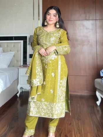 FANCY CHINON SEQUENCE EMBROIDERY WORK TOP BOTTOM WITH DUPATTA LEMON