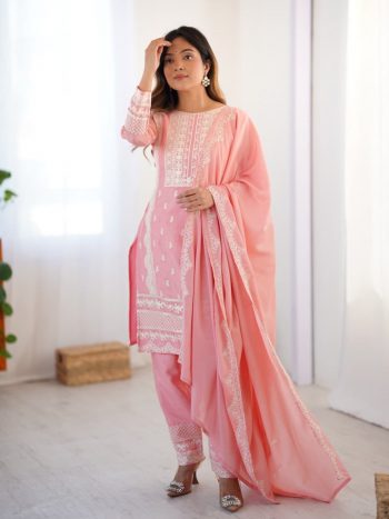 FANCY CHINON SEQUENCE EMBROIDERY WORK TOP BOTTOM WITH DUPATTA BABY PINK