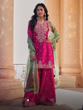 FANCY CHINON SEQUENCE EMBROIDERY WORK TOP PALAZZO WITH DUPATTA  PINK
