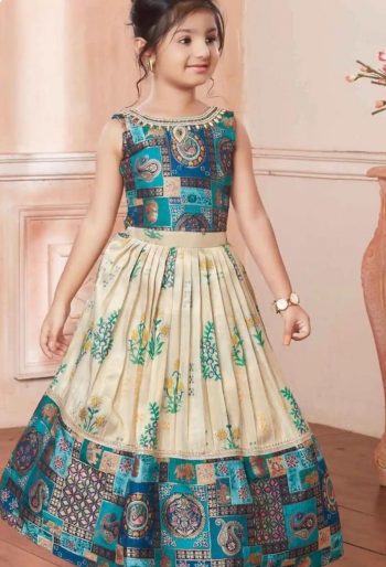 FANCY CHINON SILK DIGITAL PRINT & FANCY LACE WORK KID'S LEHENGA CHOLI WITH DUPATTA  RAMA
