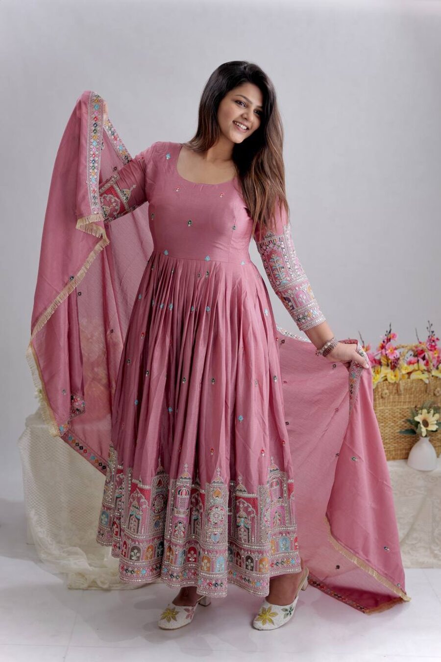 FANCY CHINON SILK EMBROIDERY CODING DORI AND SEQUENCE WORK GOWN BOTTOM WITH DUPATTA FESTIVE WEAR WHOLESALE PRICE ETHNIC GARMENT (10)