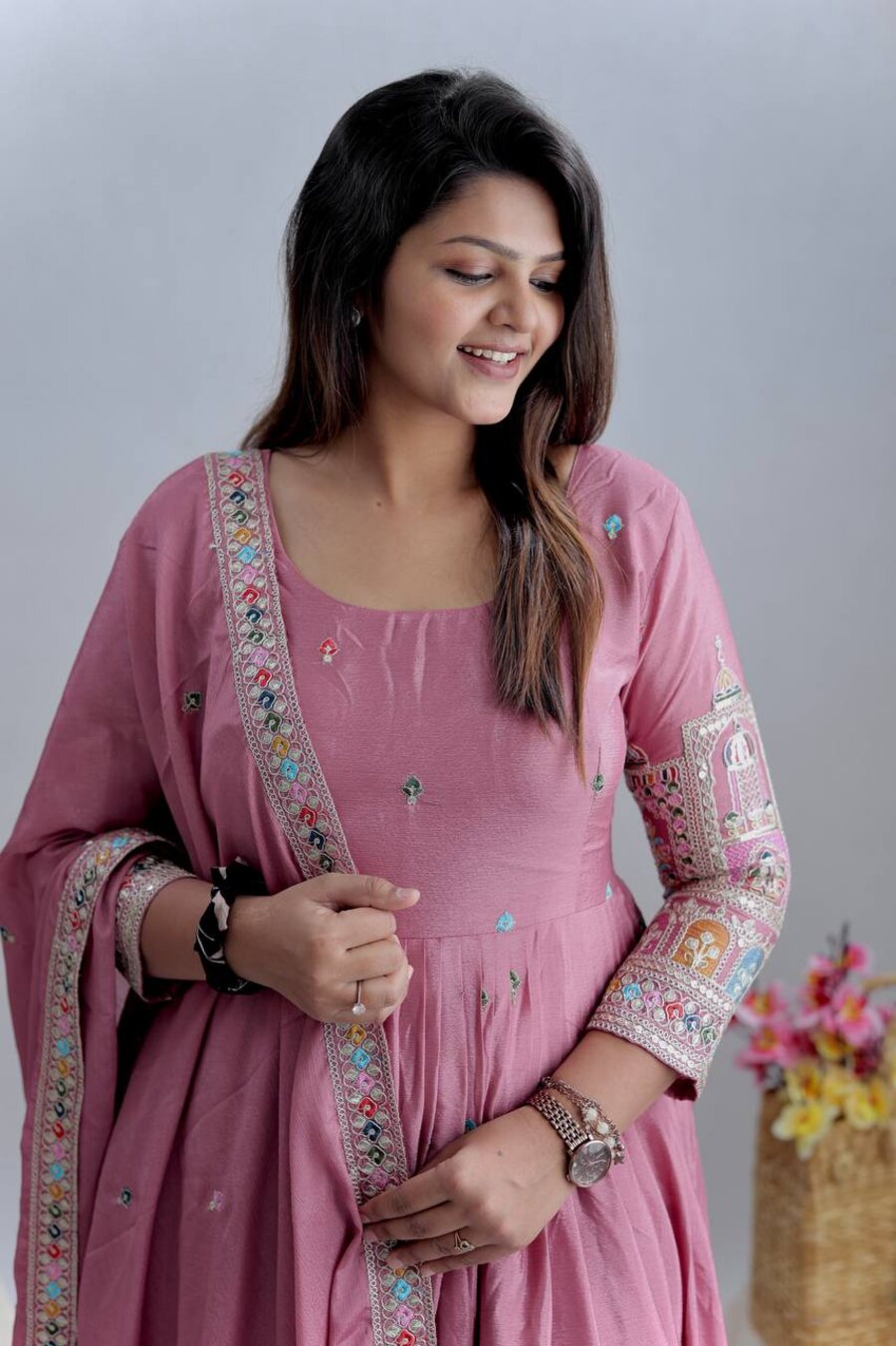 FANCY CHINON SILK EMBROIDERY CODING DORI AND SEQUENCE WORK GOWN BOTTOM WITH DUPATTA FESTIVE WEAR WHOLESALE PRICE ETHNIC GARMENT (11)