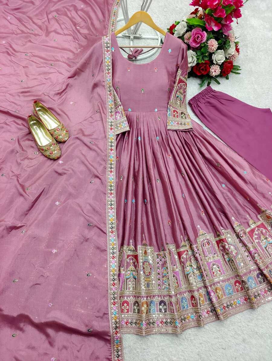 FANCY CHINON SILK EMBROIDERY CODING DORI AND SEQUENCE WORK GOWN BOTTOM WITH DUPATTA FESTIVE WEAR WHOLESALE PRICE ETHNIC GARMENT (3)