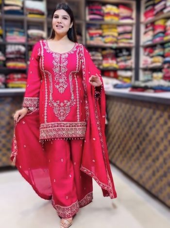 FANCY CHINON SILK EMBROIDERY SEQUENCE WORK TOP PALAZZO WITH DUPATTA PINK