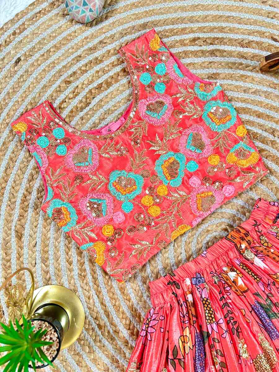 FANCY CHINON SILK EMBROIDERY SEQUENCE WORK WITH SOFT PRINTED WORK KID'S LEHENGA CHOLI PARTY WEAR WHOLESALE PRICE ETHNIC GARMENT (1)