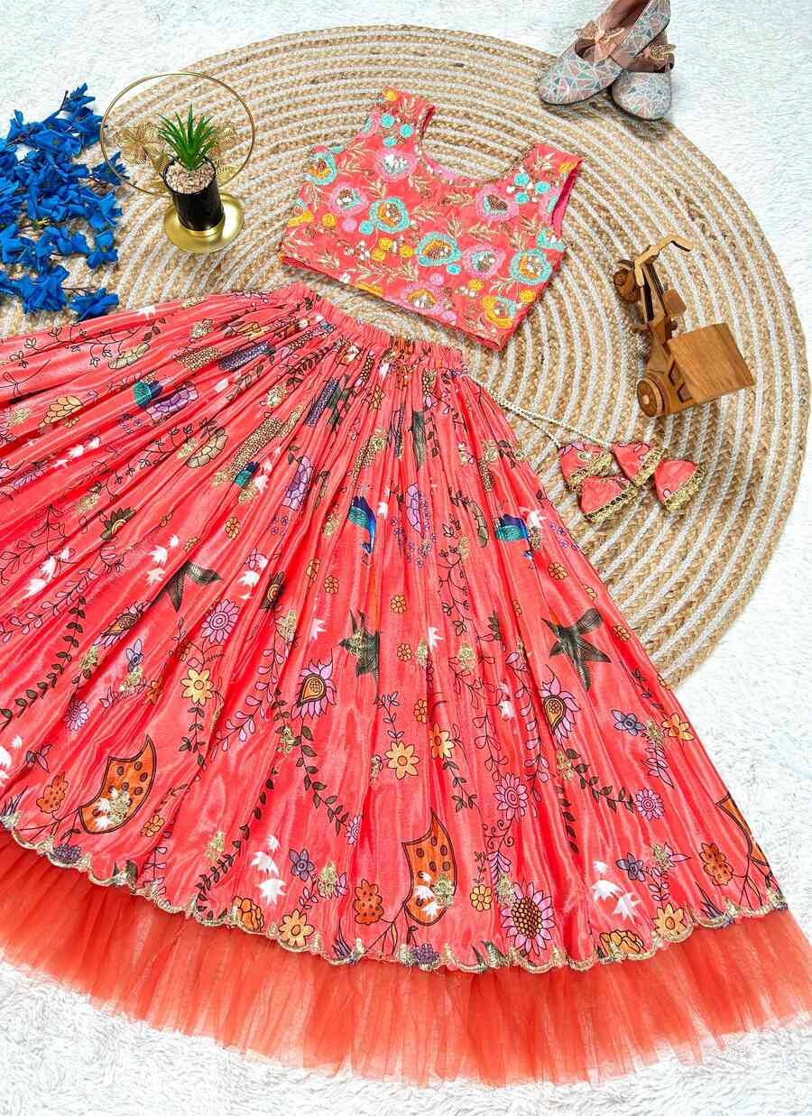 FANCY CHINON SILK EMBROIDERY SEQUENCE WORK WITH SOFT PRINTED WORK KID'S LEHENGA CHOLI PARTY WEAR WHOLESALE PRICE ETHNIC GARMENT (10)