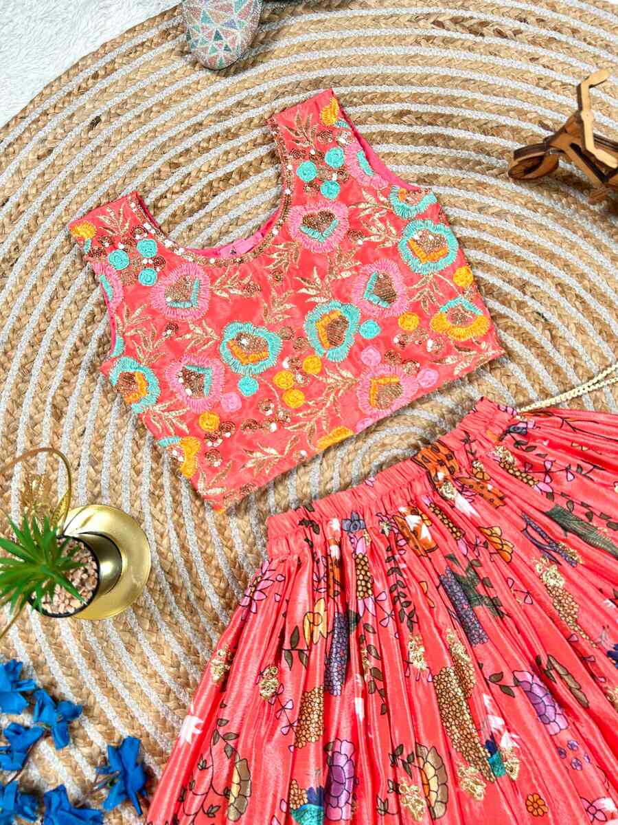 FANCY CHINON SILK EMBROIDERY SEQUENCE WORK WITH SOFT PRINTED WORK KID'S LEHENGA CHOLI PARTY WEAR WHOLESALE PRICE ETHNIC GARMENT (9)