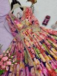 FANCY CHINON SILK EMBROIDERY THREAD & SEQUENCE WORK WITH DIGITAL FLORAL PRINT WORK GOWN WITH DUPATTA WEDDING WEAR WHOLESALE PRICE ETHNIC GARMENT (6)