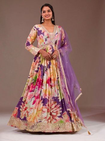FANCY CHINON SILK EMBROIDERY THREAD & SEQUENCE WORK WITH DIGITAL FLORAL PRINT WORK GOWN WITH DUPATTA  MULTI