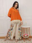 FANCY COTTON BUTTONS AND LACE WORK TOP PALAZZO SET ORANGE