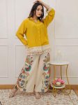 FANCY COTTON BUTTONS AND LACE WORK TOP PALAZZO SET YELLOW