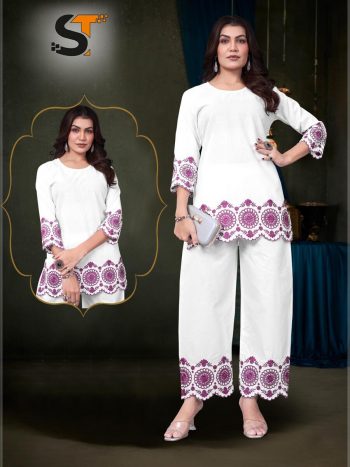 FANCY COTTON EMBROIDERY WORK CO-ORD SET PURPLE