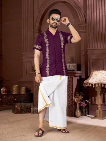 FANCY COTTON FOIL PRINT WITH BEAUTIFUL PATTERN WORK MEN'S SHIRT WITH MATCHING DHOTI PURPLE