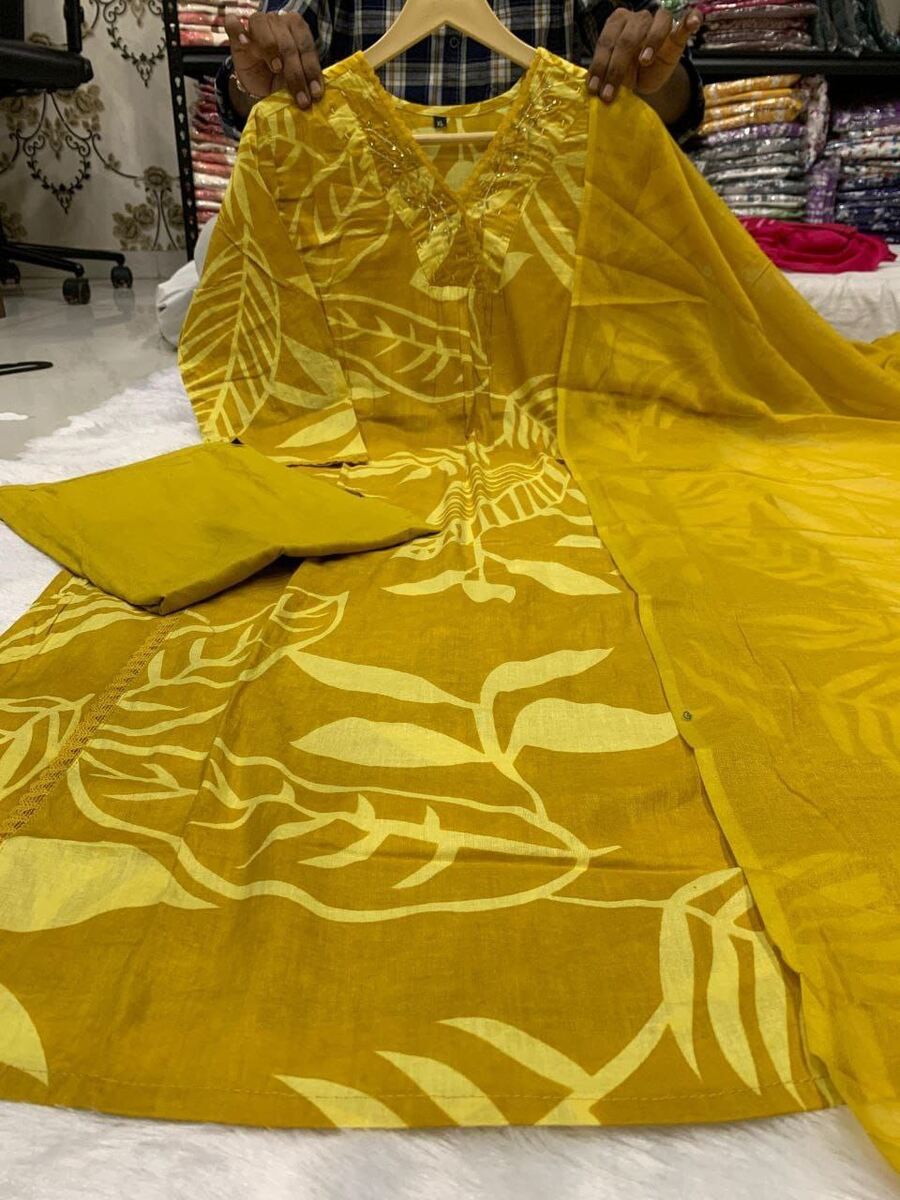 FANCY COTTON MILL PRINT & HANDWORK TOP BOTTOM WITH DUPATTA DAILY WEAR WHOLESALE PRICE ETHNIC GARMENT (1)