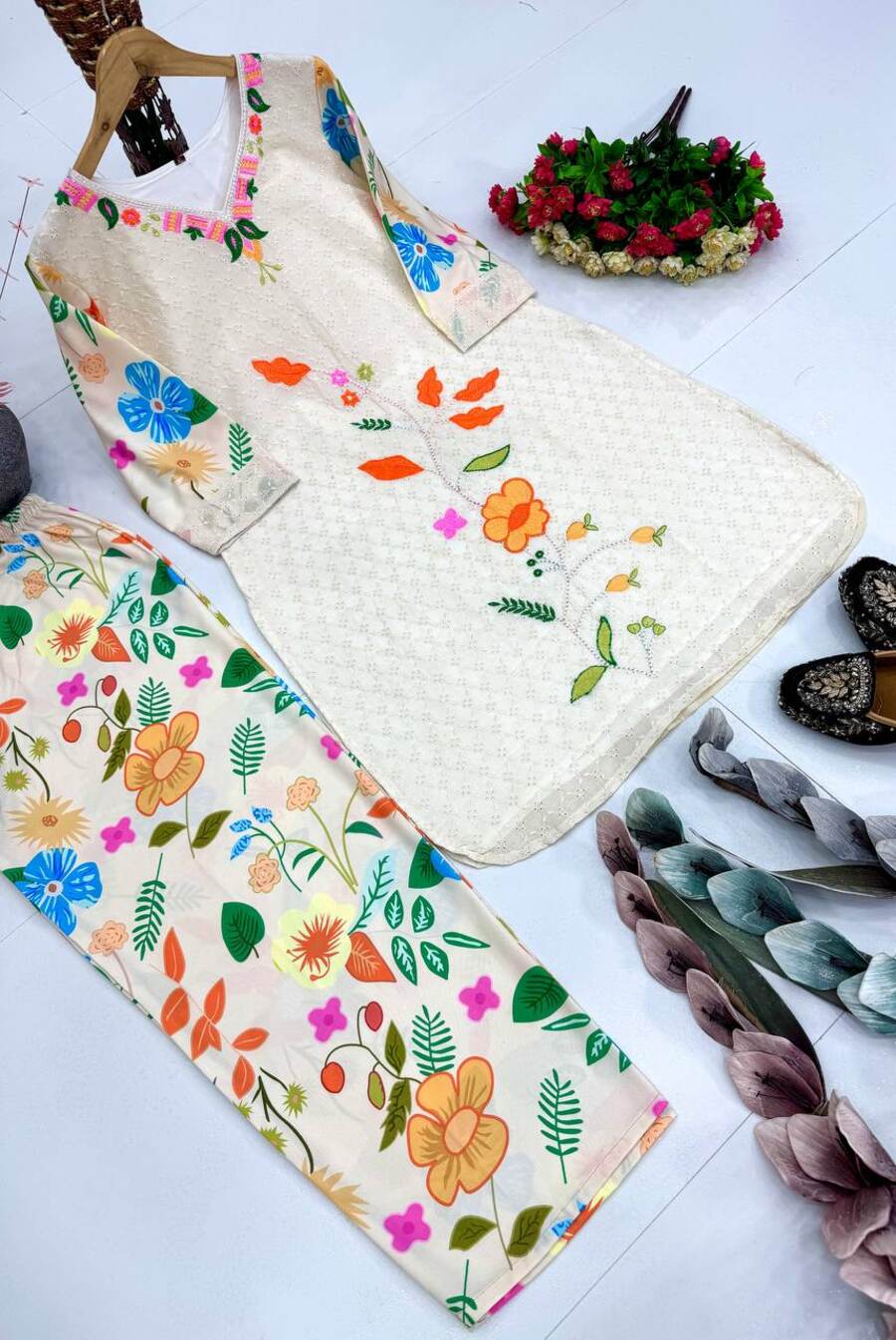 FANCY COTTON SCHIFFLI EMBROIDERY WORK TOP BOTTOM SET OFFICE WEAR WHOLESALE PRICE ETHNIC GARMENT (1)